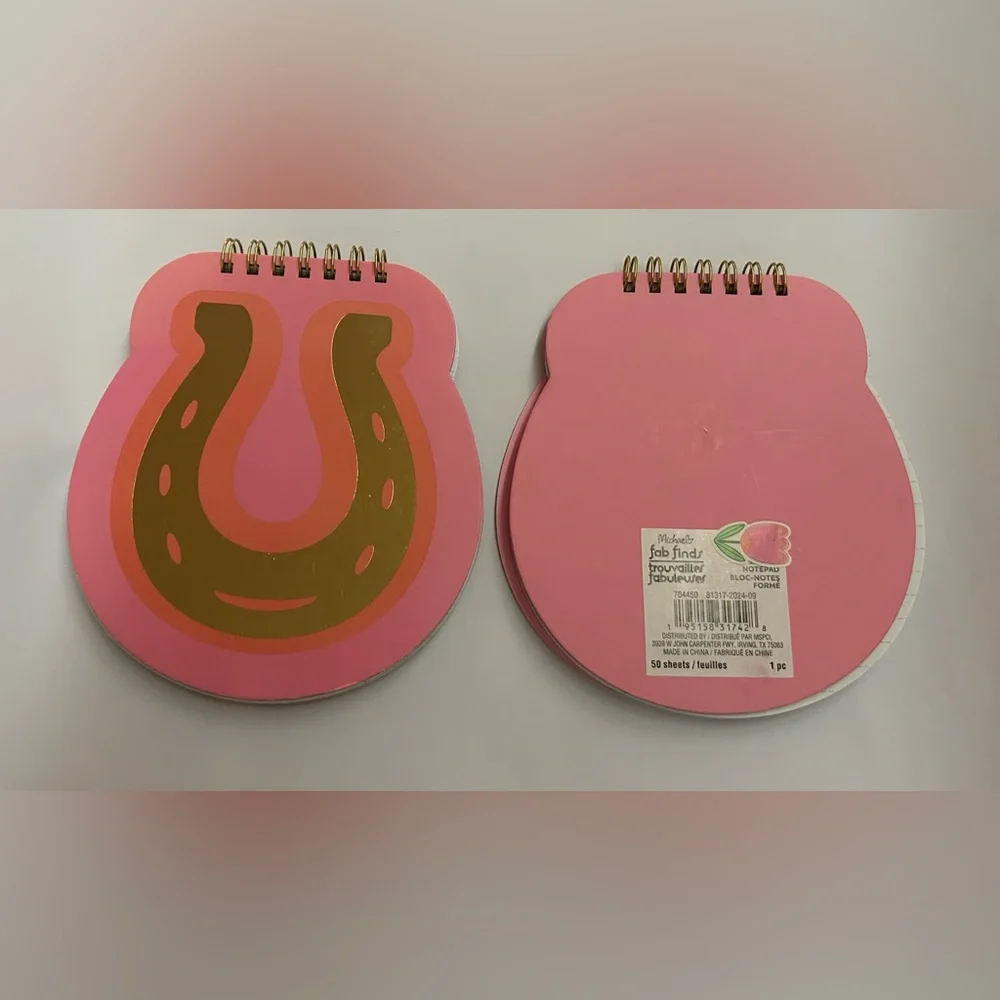 New 2 Pink Pads of Paper Gold Horseshoe 50 Pages 5 1/2”x5” Spiral Top 16 Lines